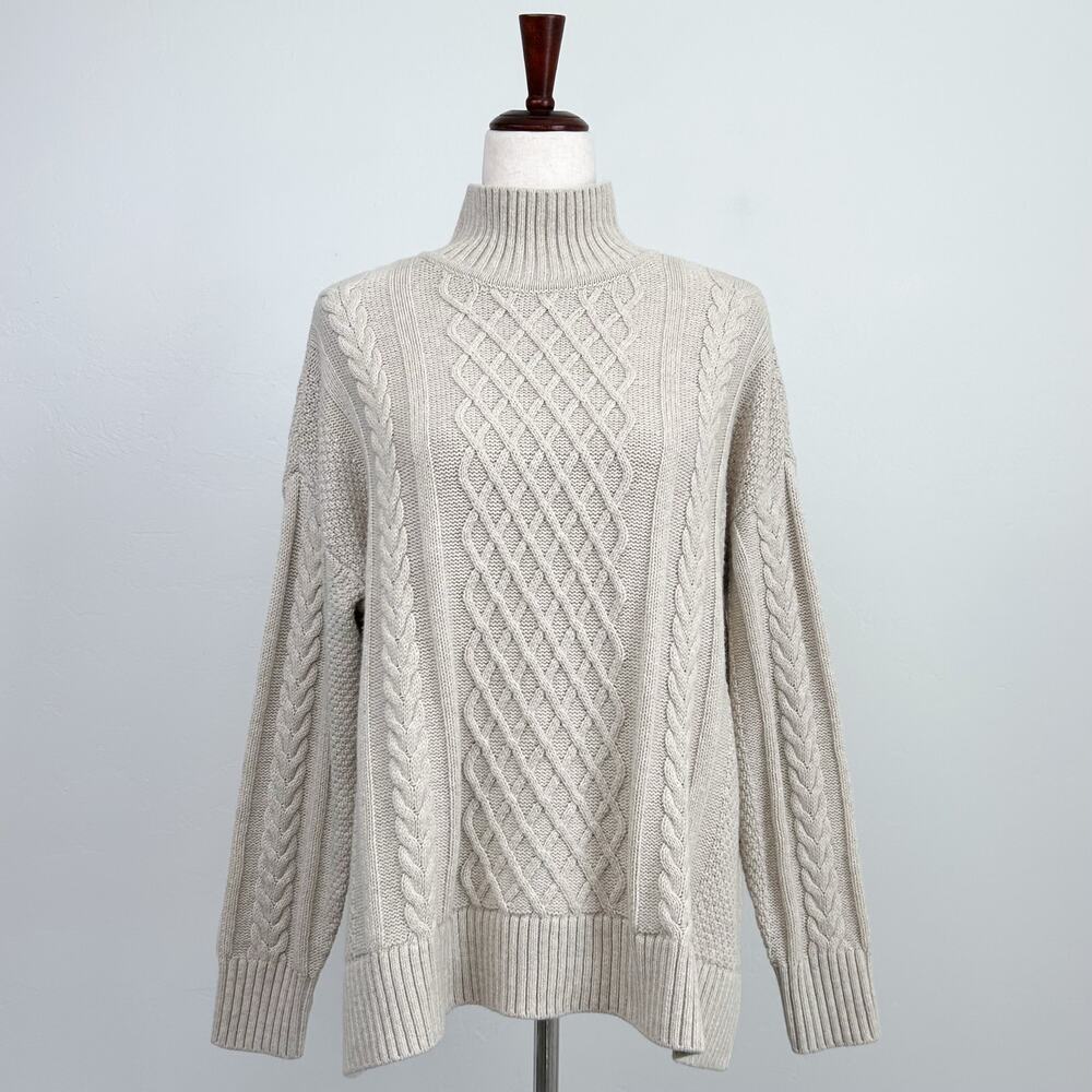 Orvis Women's Fisherman Cable Knit Aran Oatmeal Mockneck Oversized Sweater SMALL